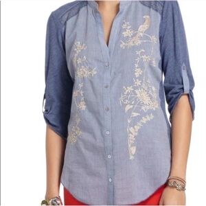 Anthropologie Tiny Embroidered Bird/Partridge Chambray Button Down Top-XS-Boho
